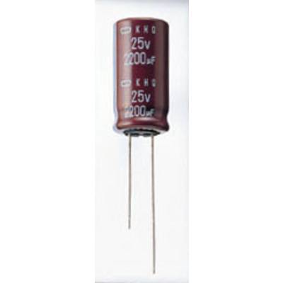 Brązowy kondensator elektrolityczny 25V 2200µF z oznaczeniem, z dwoma przewodami przyłączeniowymi na dole.