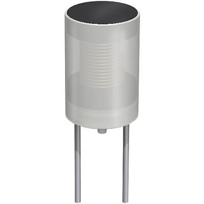 Elektryczny kondensator o kształcie cylindrycznym, z dwoma metalowymi pinami na spodzie, przeznaczony do podłączenia w obwodach elektronicznych.