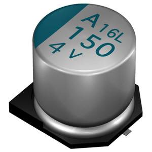 Kondensator z napisem: 'A16L 150 4V', w kształcie cylindra, zamontowany na czarnej podstawie.