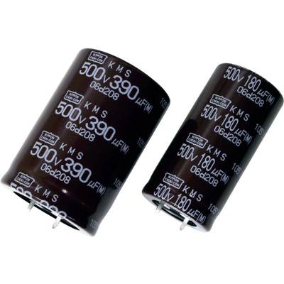 Dwa cylindryczne kondensatory elektrolityczne z oznaczeniami '500V-390µF' i '500V-180µF', ułożone obok siebie na białym tle.