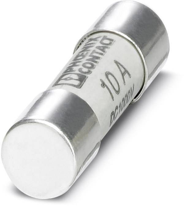 Bezpiecznik cylindryczny z napisem '10 A' i 'DC1000V', wyprodukowany przez Phoenix Contact.