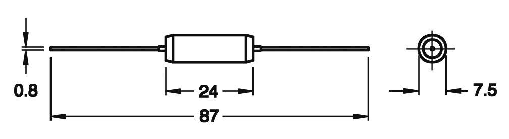 Diagram cylindrycznego elementu elektronicznego o wymiarach: średnica 7,5 mm, długość 24 mm, całkowita długość z przewodem 87 mm.