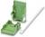 Zielony plastikowy korpus, dwuczęściowy, otwarty, obok białej opaski kablowej. Stosowany do bezpiecznego łączenia w zastosowaniach elektrycznych.