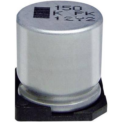 Cylindryczny kondensator elektrolityczny z napisem '150 KFK 12V2' na górnej powierzchni, zamontowany na płytce drukowanej.