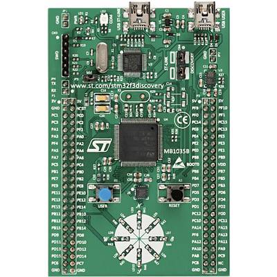 Płytka rozwojowa STM32F3 z mikrokontrolerem, złączami USB, diodami LED i przyciskiem resetowania. Nadaje się do projektów elektronicznych i tworzenia prototypów.