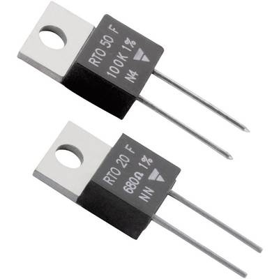 Dwa elektroniczne rezystory w obudowach srebrnej i czarnej. Oznaczenie wskazuje wartości: '100K 1%' oraz '680Ω 1%'.