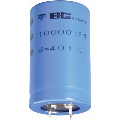 Niebieski kondensator elektrolityczny z nadrukiem '10000 µF, 40 V'. Dwie nóżki przyłączeniowe u dołu. Widoczna nazwa producenta 'BC Components'.