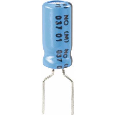 Niebieski kondensator elektrolityczny z dwoma wyprowadzeniami, zorientowany pionowo.