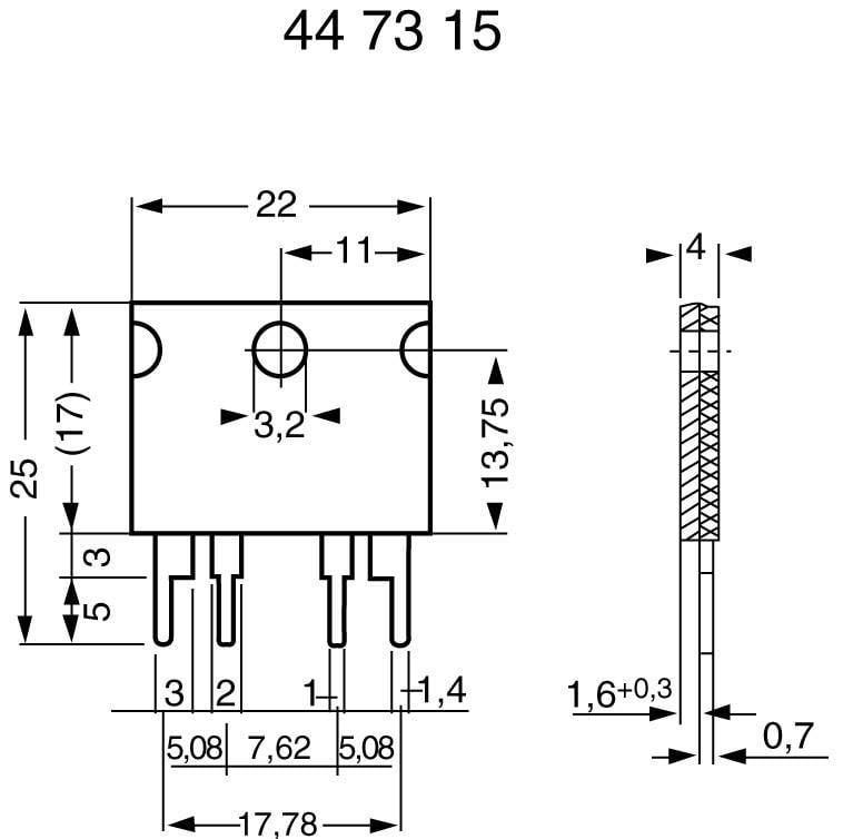 Rysunek techniczny elementu elektronicznego z dokładnymi wymiarami w milimetrach. Widok z sześcioma pinami, w rzucie z góry i z boku.