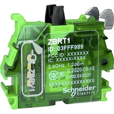 Zielony elektroniczny przyrząd firmy Schneider Electric z napisem 'ZBRT1'. Zawiera identyfikator 03FF989 oraz informację o częstotliwości 2,4 GHz 1,2 dBm.