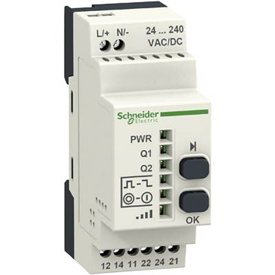 Białe, prostokątne urządzenie elektryczne firmy Schneider Electric, obsługujące napięcia od 24 do 240 VAC/DC, wyposażone w wiele złączy i dwa przyciski.