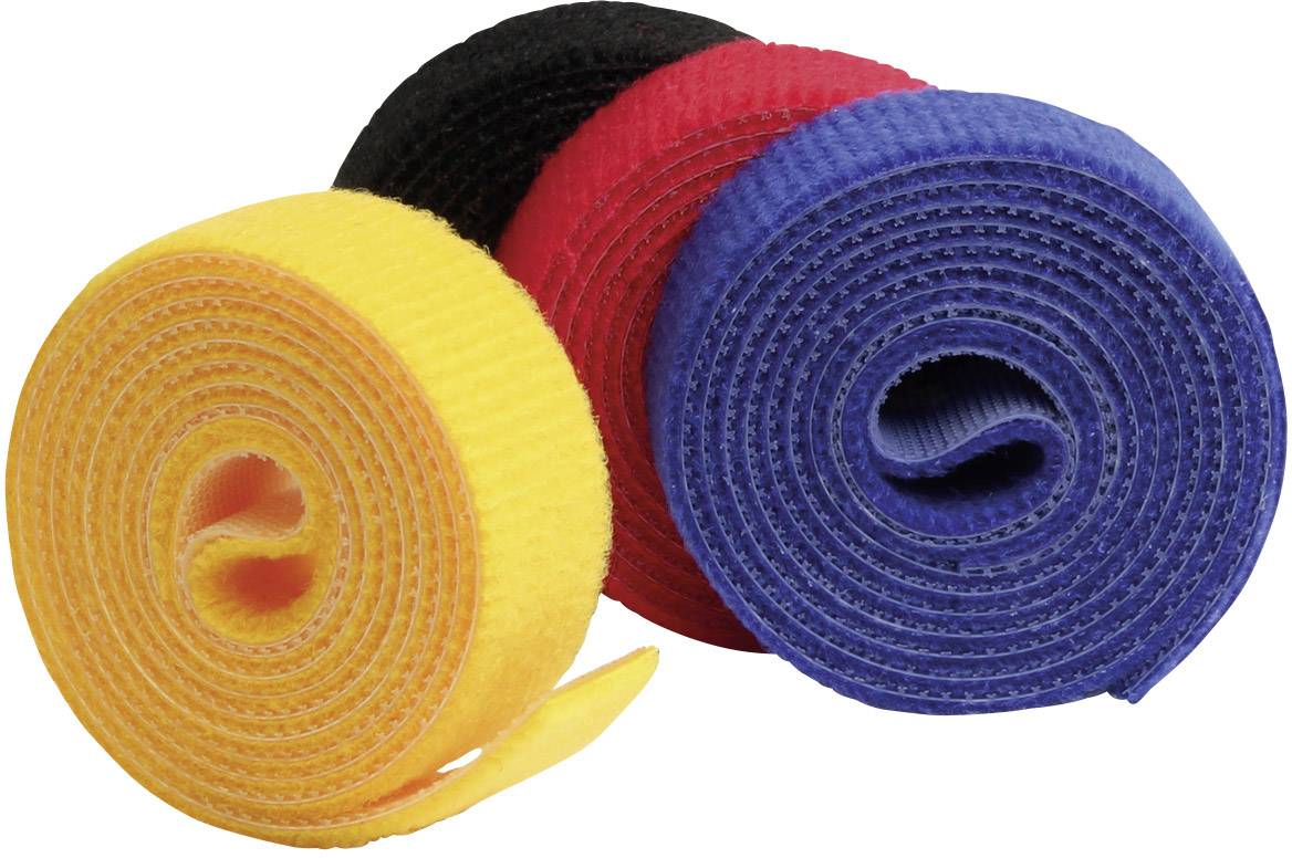 Cztery kolorowe rzepy w kolorach żółtym, czerwonym, czarnym i niebieskim są zwinięte i leżą obok siebie na białej powierzchni.