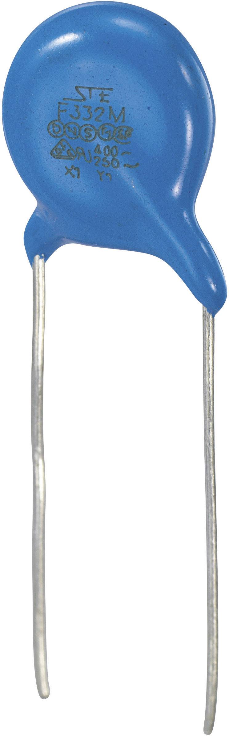 Niebieski kondensator z dwoma przewodami przyłączeniowymi. Obudowa w kształcie kropli, służy do magazynowania energii w obwodach elektronicznych.