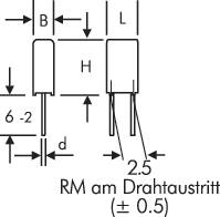 'Rysunek techniczny elementu elektronicznego z oznaczeniem wymiarów B, H, L, d oraz rozstawu RM przy wyjściu przewodu (± 0,5).'