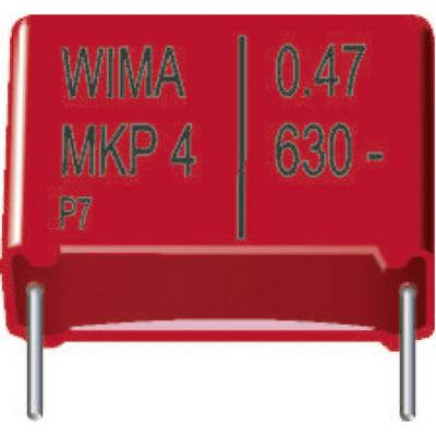 Czerwony kondensator WIMA MKP 4, 0,47 µF, 630 V, dwa przyłącza na dole.
