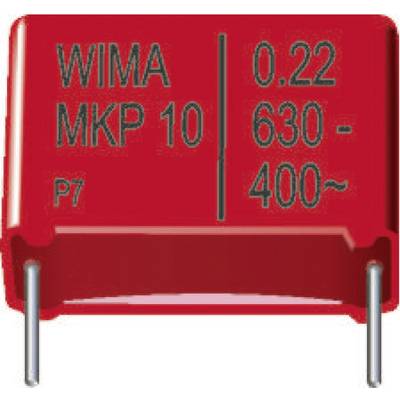 Czerwony kondensator WIMA z napisem: '0,22 630-400~'.