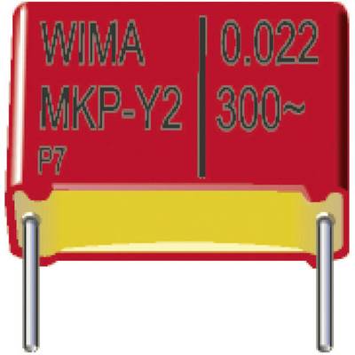 'Czerwony kondensator WIMA MKP-Y2 z oznaczeniem: 0,022, 300~.'