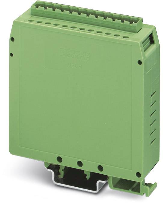 Zielony elektroniczny moduł z przewodami przyłączeniowymi, ustawiony w pozycji pionowej.