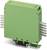 Zielony elektryczny obudowa przekaźnika z wieloma przyłączami bocznymi, zamontowana na szynie DIN.