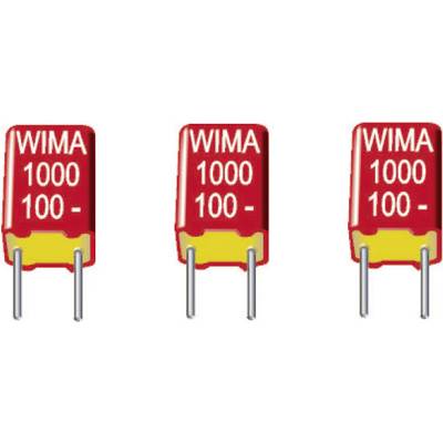 Trzy czerwone kondensatory WIMA z napisem '1000 100 -', po dwa przewody przyłączeniowe u dołu.