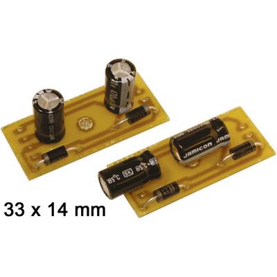 Dwie elektroniczne płytki drukowane z przylutowanymi kondensatorami i rezystorami, rozmiar podany u dołu po lewej stronie: '33 x 14 mm'.