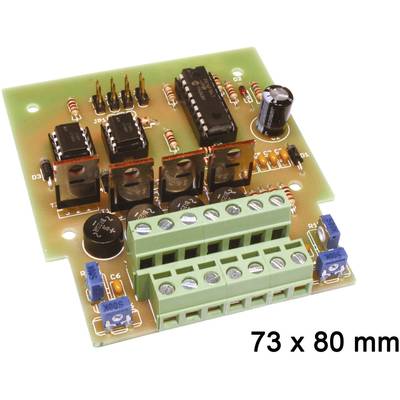 Zielona płytka drukowana z wieloma elementami elektronicznymi, takimi jak rezystory, układy scalone i kondensatory, o wymiarach 73 x 80 mm.