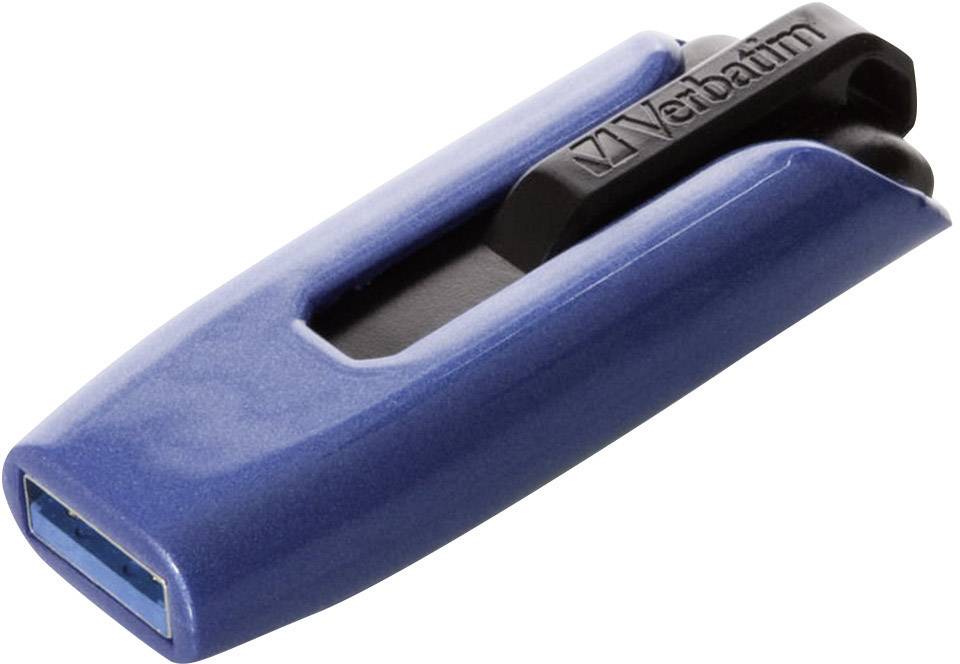 Niebieski pendrive z napisem 'Verbatim'.