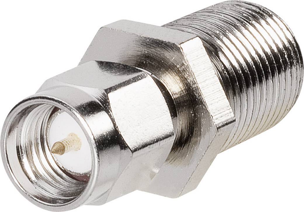 Metalowy wtyk adaptera koncentrycznego, kątowy, do połączeń kablowych w urządzeniach elektronicznych.