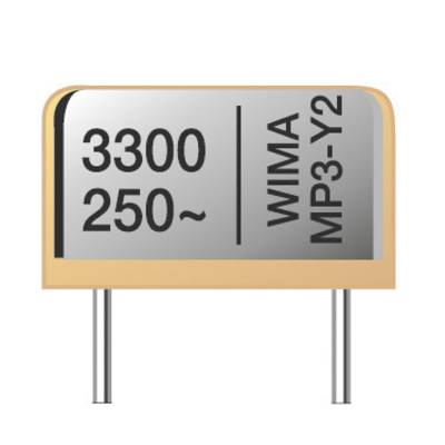 Elektroniczny kondensator z napisem '3300 250~ WIMA MP3-Y2', obudowa w kolorze pomarańczowym, dwa przyłącza od dołu.