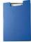 Niebieski segregator z metalowym zaciskiem na górnej krawędzi, stojący pionowo, bez papieru lub dekoracji.