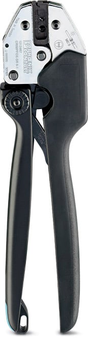 Szczypce z czarną rękojeścią i srebrną głowicą, odpowiednie do zaciskania kabli.