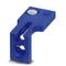Niebieski uchwyt zaciskowy z tworzywa sztucznego z wkręconą śrubą, stosowany do zabezpieczania drabin lub przewodów w instalacjach elektrycznych.