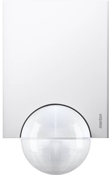 Biały czujnik ruchu z półokrągłą kopułką od spodu.