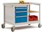 Wózek warsztatowy z niebieskimi szufladami, czerwonymi narzędziami i kółkami. Po prawej stronie dwa czerwone pojemniki na regale.
