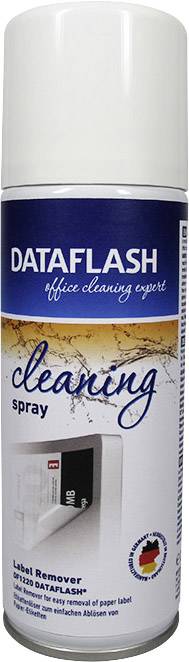 Spray z napisem 'Dataflash cleaning spray'. Do usuwania etykiet, niemiecka flaga na etykiecie, 200 ml.