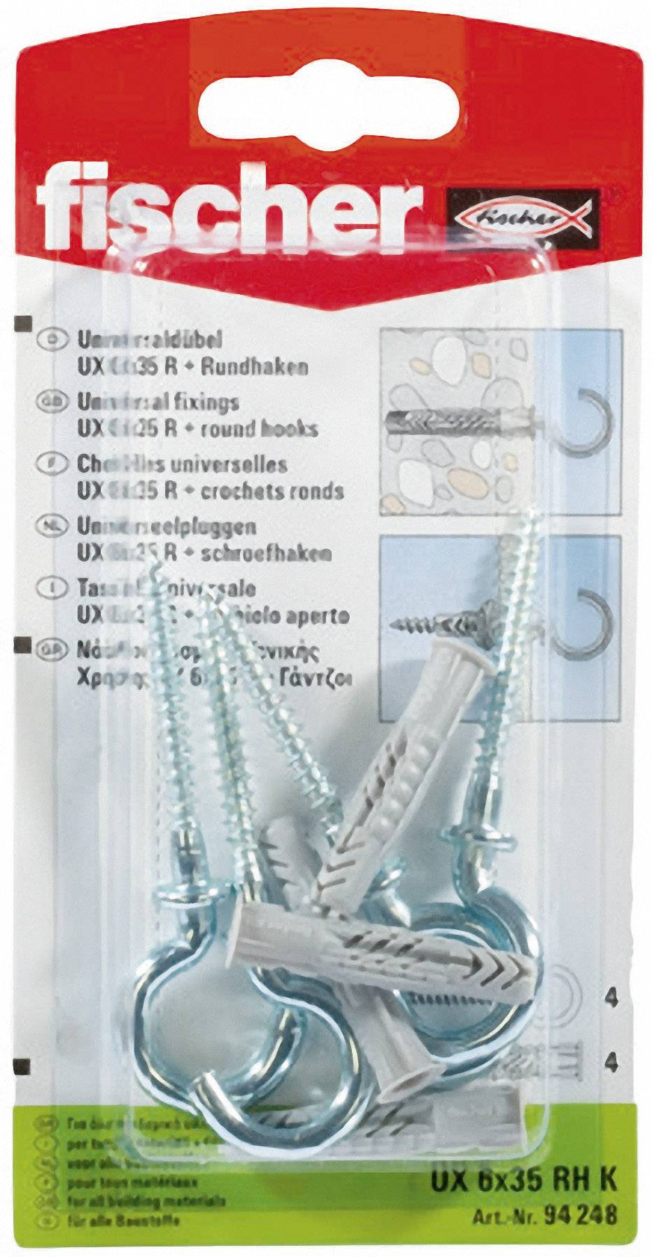 Opakowanie kołków uniwersalnych Fischer z 6 hakami, model UX 6x35 RH K, nr art. 94248, zawiera cztery sztuki.