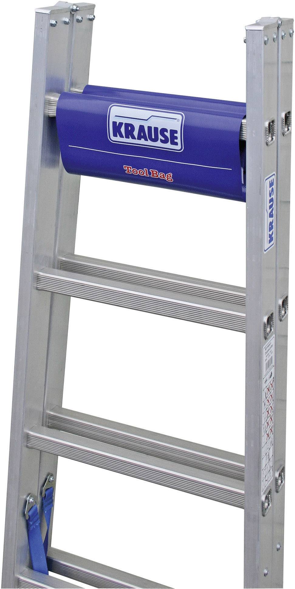 Drabina aluminiowa z wieloma szczeblami. Niebieski nośnik narzędzi z nadrukiem 'KRAUSE Tool Bag' jest przymocowany u góry.