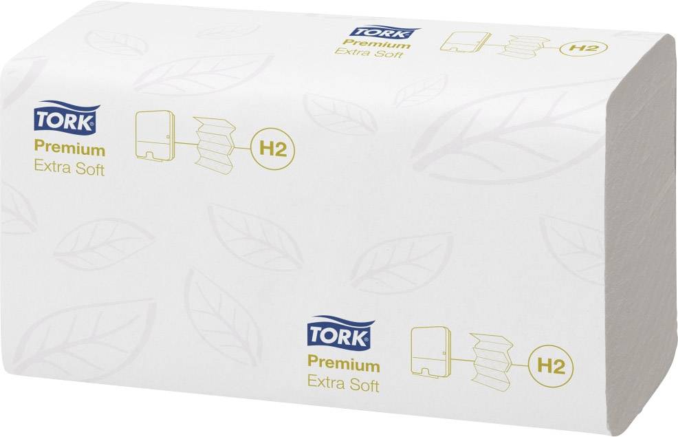 Ręczniki papierowe marki 'Tork', typ 'Premium Extra Soft', z symbolem H2, w opakowaniu z wzorem liści.