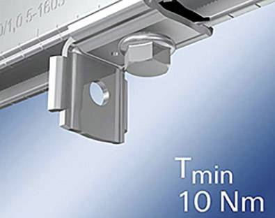 Zbliżenie mechanicznego urządzenia ze śrubą i uchwytem. Tekst na obrazie: 'Tmin 10 Nm'.