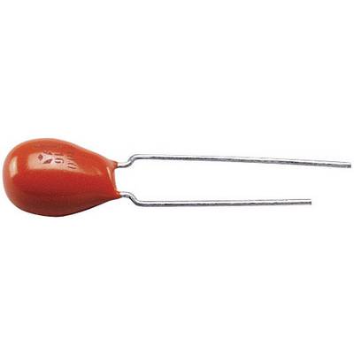 Pomarańczowy, kroplowaty element elektroniczny z dwoma metalowymi stykami, prawdopodobnie kondensator, na białym tle.