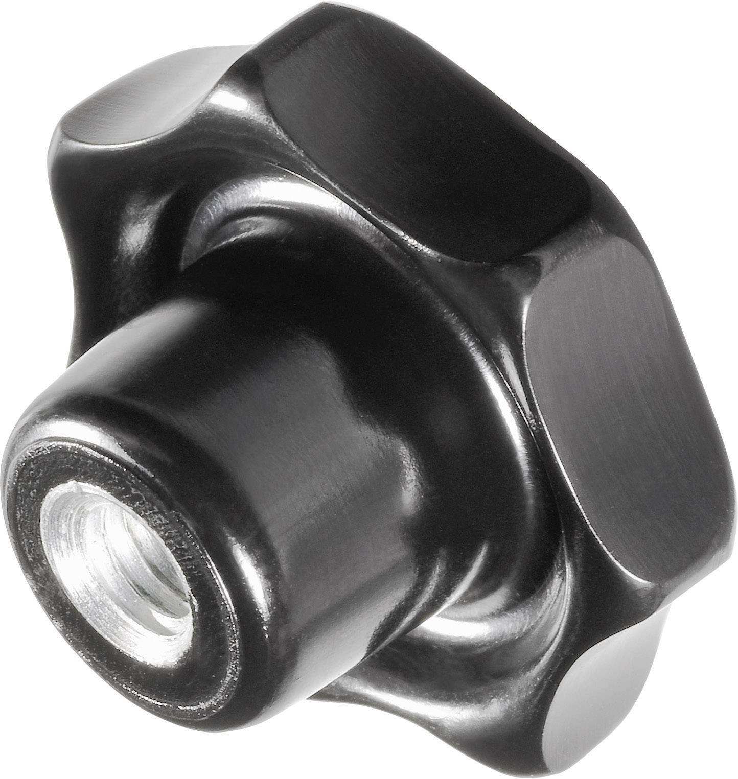 Czarny plastikowy pokrętło z okrągłą, żebrowaną nakładką i metalowym gwintem wewnętrznym, przeznaczony do zastosowań przemysłowych.