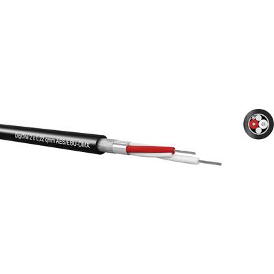 Kabel z czarną izolacją i wieloma przewodami wewnętrznymi, przeznaczone do zastosowań w technice audio. Nadruk: 'Cyfrowy 2 x 0,24 mm² AES/EBU-DMX'.