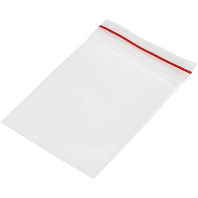 Przezroczysty plastikowy worek z czerwonym zamkiem strunowym, otwarty. Idealny do przechowywania małych przedmiotów.
