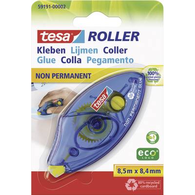 Tesa roller do klejenia nietrwałego, obudowa w kolorze niebieskim, 8,5 m x 8,4 mm, wykonany w 100% z recyclingu z tworzywa sztucznego. Opakowanie wykonane w 80% z przetworzonej tektury.