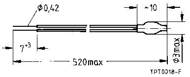 Schemat elektrycznego komponentu ze szczegółowymi wymiarami: średnica 0,42 mm, maksymalna długość 520 mm, pozostałe wymiary również są wyszczególnione.