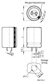 Rysunek przedstawia techniczną ilustrację elementu elektrycznego z oznaczeniami wymiarów, pinami, otworem montażowym oraz oznaczeniem biegunów ujemnych.