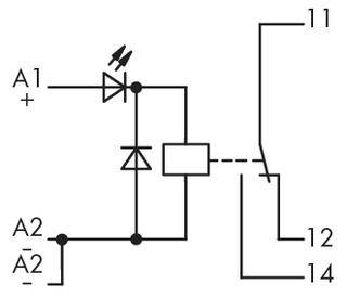 Schemat elektryczny przekaźnika elektrycznego z diodami i LED między zaciskami A1(+) a A2(-); wyjścia 11, 12, 14 po prawej stronie.