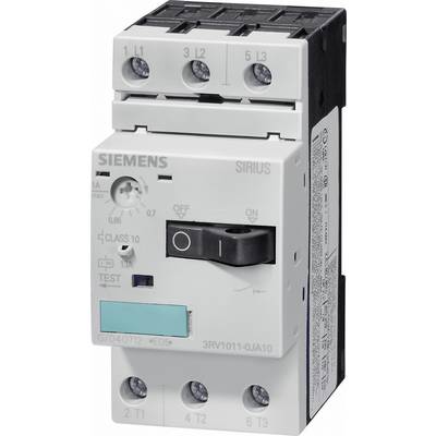 Elektryczny przełącznik z napisem 'Siemens Sirius', pokazujący przełączenie z 'I' (Włączenie) na 'O' (Wyłączenie), z zielonym przyciskiem do 'Testu'.