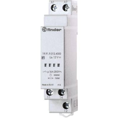 Elektryczne przekaźniki Finder, model 19.91, przystosowane do 16A przy 250V~. Obudowa do montażu na szynie DIN, z oznakowaniem.
