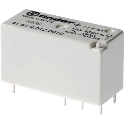 Białe elektromagnetyczne przekaźniki z napisem 'Finder' i specyfikacjami technicznymi. Odpowiednie do obwodów elektrycznych do 250V.
